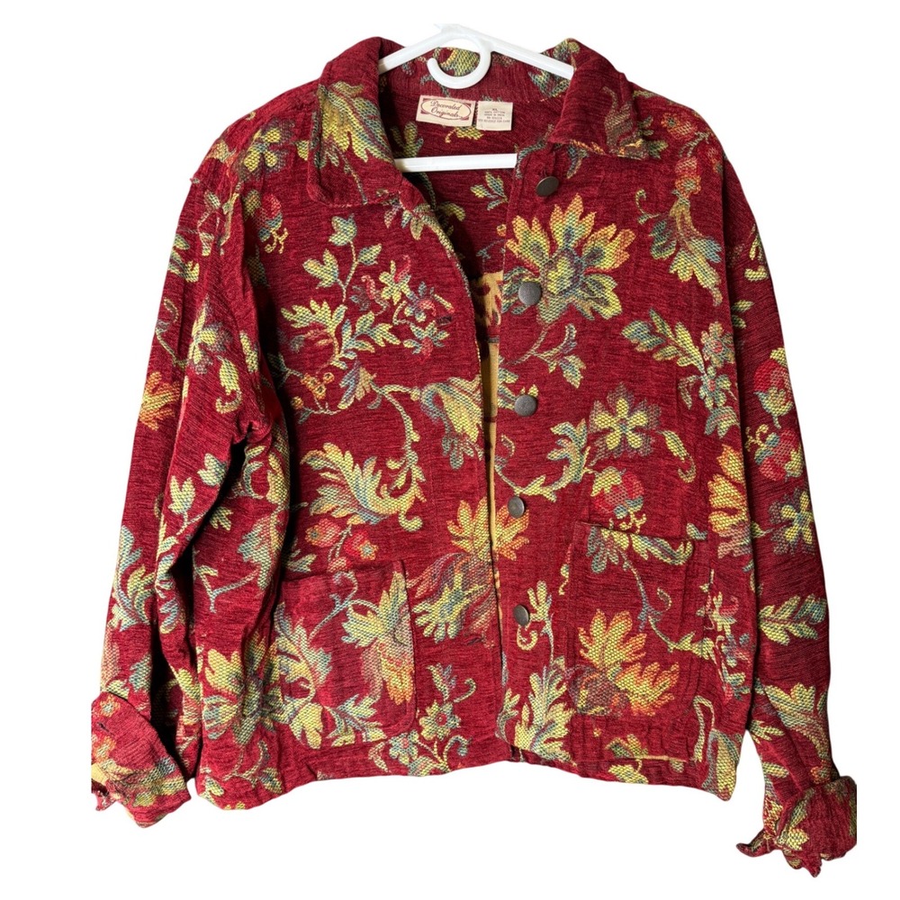 90s Red Floral Tapestry Jacket Cotton Button Front Jacket XL Boho
